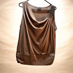 Elegant Taupe Sleeveless Cowl Neck Blouse with Embellished Shoulder